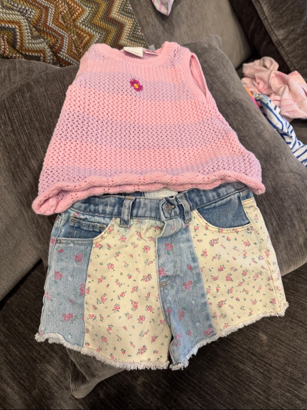 Zara Pink Knit Tank Top with Daisy Accent & Floral Patchwork Denim Shorts